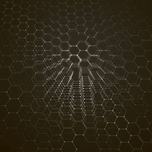 Kemi 3d mönster, sexkantiga molekyl struktur på svart, vetenskaplig medicinsk forskning. Medicin, naturvetenskap och teknik koncept. Motion design. Geometriska abstrakt bakgrund. — Stock vektor