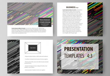 İş şablonları sunma kaymak için kümesi. Düz tasarım kolay düzenlenebilir vektör düzenler. Çizgili renkli arka plan. Soyut tüpler ve nokta. Parlak renkli doku.