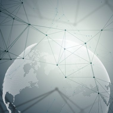 Dünya Küre, bağlayan çizgiler ve noktalar, kimya moleküler desen, moleküller gri arka plan üzerinde noktalı. Molekül yapısı. Tıp, bilim, teknoloji kavramı. Poligonal tasarlamak vektör.