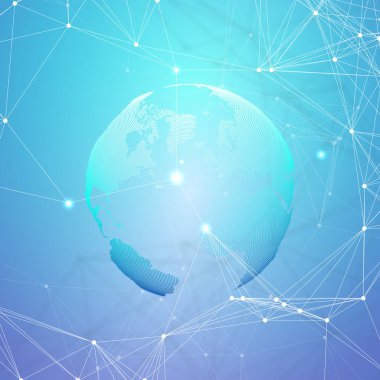 Soyut gelecekçi ağ şekilleri. Yüksek teknoloji HUD arka plan, bağlayıcı çizgiler ve noktalar, çokgen doğrusal doku. Mavi üzerine dünya küresi. Küresel ağ bağlantıları, geometrik tasarım, kazı veri kavramı.