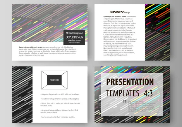 İş şablonları sunma kaymak için kümesi. Düz tasarım kolay düzenlenebilir vektör düzenler. Çizgili renkli arka plan. Soyut tüpler ve nokta. Parlak renkli doku.