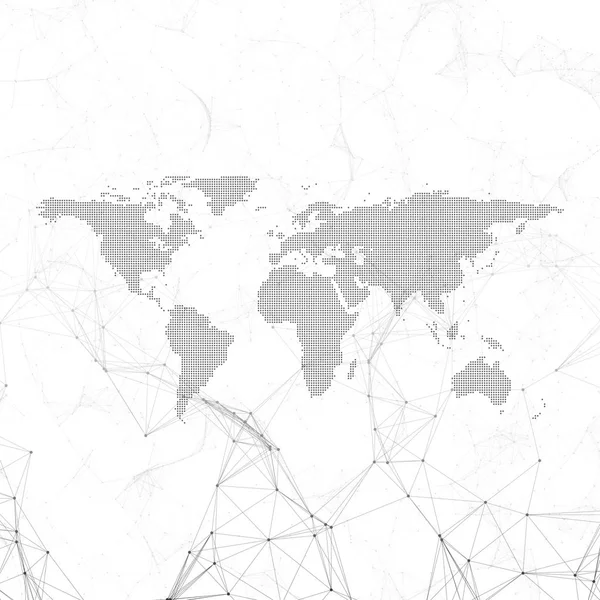 Wzór chemii, przerywaną mapa świata, łączenie linii i kropek, struktura cząsteczki na biały. Naukowe badania medyczne Dna. Medycyna, nauki, koncepcji technologii. Geometryczny wzór tła. — Wektor stockowy