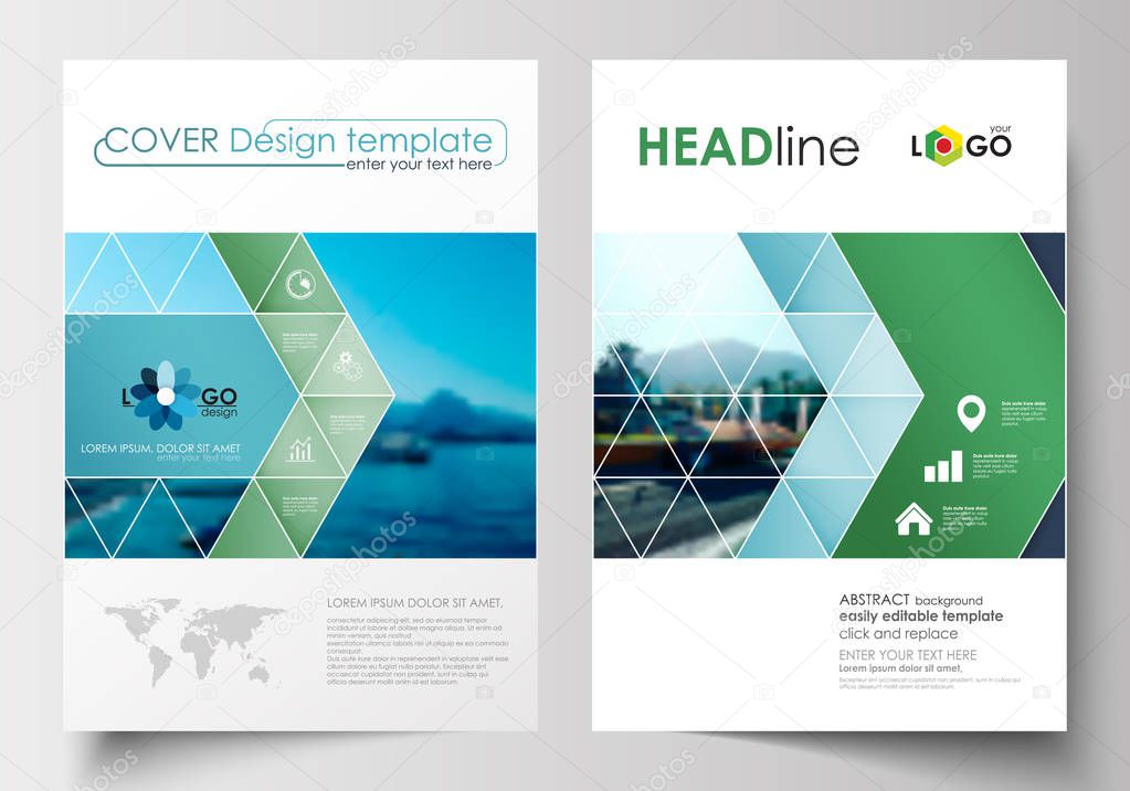 Business templates for brochure, magazine, flyer, booklet. Cover design, abstract flat style travel decoration layout in A4 size, easy editable vector template, colorful blurred natural landscape.