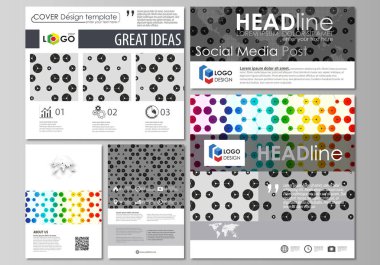 Social media posts set. Business abstract templates, vector layouts in popular formats. Chemistry pattern, hexagonal design molecule structure, medical DNA research. Geometric colorful background. clipart