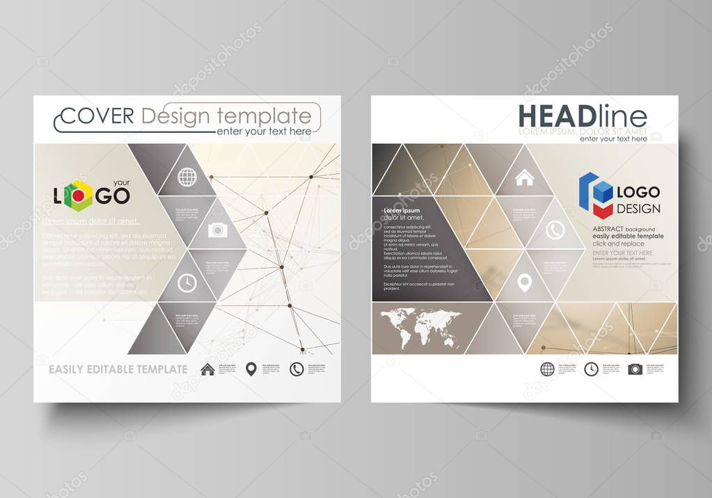 Business templates for square design brochure, magazine, flyer, booklet, report. Leaflet cover, vector layout. Technology, science, medical concept. Golden dots and lines, digital style. Lines plexus.