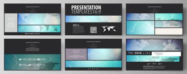 Yüksek çözünürlüklü sunma kaymak düzenlenebilir yerleşimini siyah renkli minimalist vektör çizim tasarım şablonları. Molekül yapısı, çizgiler ve noktalar bağlama. Teknoloji kavramı.