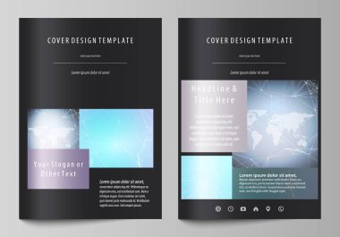 A4 formatında düzenlenebilir yerleşimini siyah renkli vektör tasarım şablonları için broşür, dergi, broşür, kitapçık kapsar. Poligonal doku. Küresel bağlantıları, futuristik geometrik kavramı.