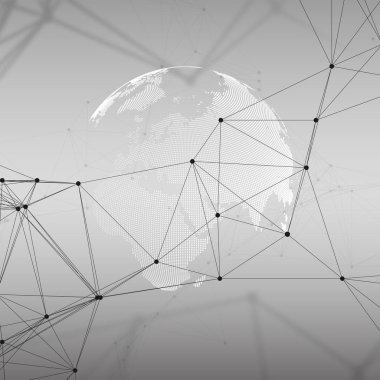 Noktalı dünya dünya kimya deseni, çizgiler ve noktalar bağlama ile. Molekül yapısı gri. Bilimsel tıbbi Dna araştırma. Bilim veya teknoloji kavramı. Geometrik tasarım arka plan