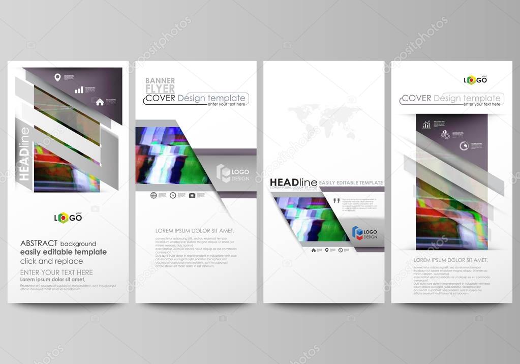 Flyers set, modern banners. Business templates. Cover design template, abstract vector layouts. Glitched background made of colorful pixel mosaic. Digital decay, signal error, television fail.