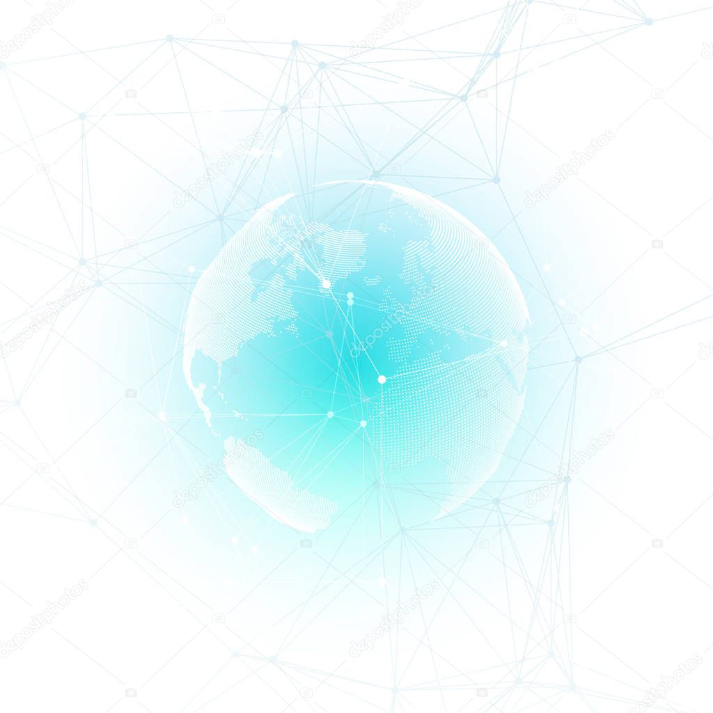 Abstract futuristic network shapes. High tech background, connecting lines and dots, polygonal linear texture. World globe on white. Global network connections, geometric design, dig data concept.