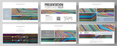 İş şablonları HD sunma kaymak için biçimlendirin. Düz tasarım kolay düzenlenebilir soyut vektör düzenler. Parlak renkli çizgiler, geometrik şekiller, güzel minimalist arka plan ile renkli stil