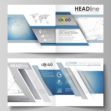 İş şablonları için kare tasarım BI broşür, dergi, el ilanı katlayın. Kapak broşür, düzen vektör. Geometrik mavi renk arka plan, molekül yapısı, bilim kavramı. Bağlantılı çizgiler ve noktalar.