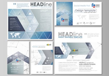 Sosyal medya kümesi nakleder. İş şablonları. Soyut tasarım şablonu, vektör düzenleri popüler formatları. Geometrik mavi renk arka plan, molekül yapısı, bilim kavramı. Bağlantılı çizgiler ve noktalar.