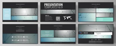 İş şablonları HD sunma kaymak için biçimlendirin. Düz tasarım vektör düzenler. Geometrik arka plan, bağlantılı çizgi ve noktalar. Moleküler yapısı. Bilimsel, tıp, teknoloji kavramı.
