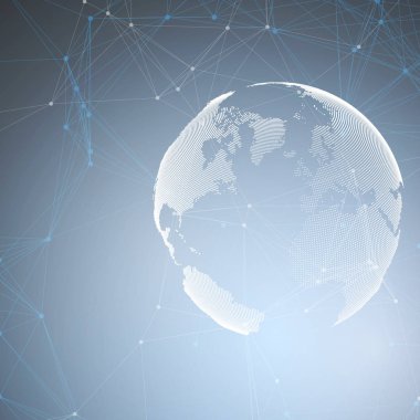 Soyut gelecekçi ağ şekilleri. Yüksek teknoloji HUD arka plan, bağlayıcı çizgiler ve noktalar, çokgen doğrusal doku. Mavi üzerine dünya küresi. Küresel ağ bağlantıları, geometrik tasarım, kazı veri kavramı.