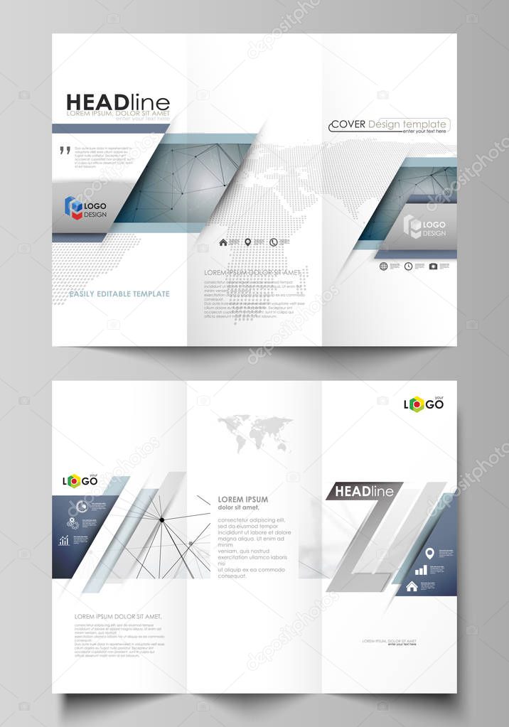 Tri-fold brochure business templates on both sides. Easy editable abstract vector layout in flat design. DNA and neurons molecule structure. Medicine, science, technology concept. Scalable graphic.