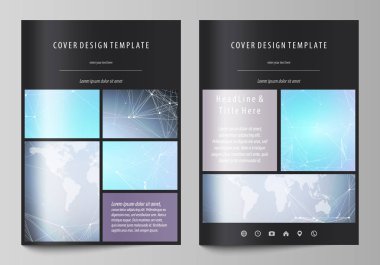 A4 formatında düzenlenebilir yerleşimini siyah renkli vektör tasarım şablonları için broşür, dergi, broşür, kitapçık kapsar. Poligonal doku. Küresel bağlantıları, futuristik geometrik kavramı.