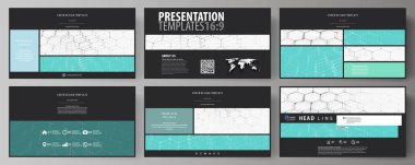 İş şablonları HD sunma kaymak için biçimlendirin. Düz tasarım soyut vektör düzenler. Kimya desen, altıgen molekül yapısı mavi. Tıp, bilim ve teknoloji kavramı.