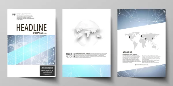 The vector illustration of editable layout of three A4 format modern covers design templates for brochure, magazine, flyer, booklet. Polygonal texture. Global connections, futuristic geometric concept — Stock Vector