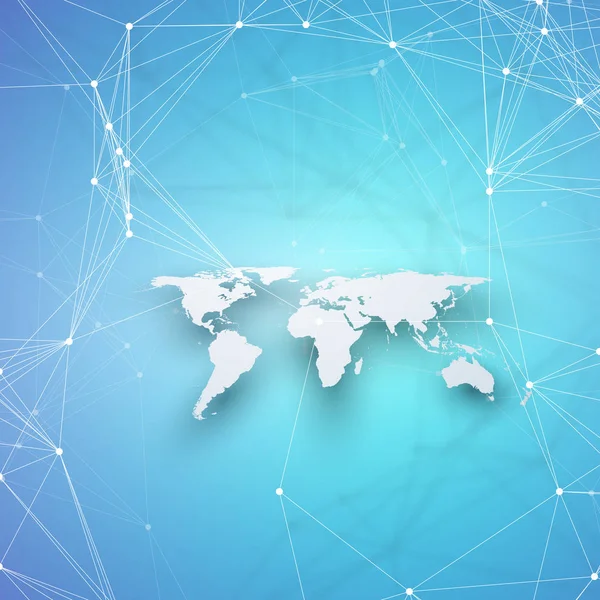 Mapa del mundo en perspectiva con sombra sobre azul. Conexiones de red globales abstractas, fondo de concepto de tecnología de diseño geométrico. Patrón químico, estructura molecular, líneas de conexión y puntos . — Vector de stock
