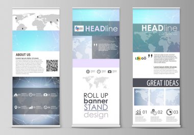 Afiş standları, dikey el ilanları, topla düzenlenebilir yerleşimini minimalist vektör çizim bayrakları iş şablonu tasarlayabilirsiniz. Poligonal doku. Küresel bağlantıları, futuristik geometrik kavramı.