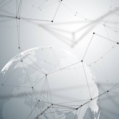 Bağlanma çizgiler ve noktalar, poligonal doğrusal doku ile arka plan fütüristik. Dünya küre üzerinde gri. Genel ağ bağlantıları, geometrik tasarım, teknoloji dijital kavramı.