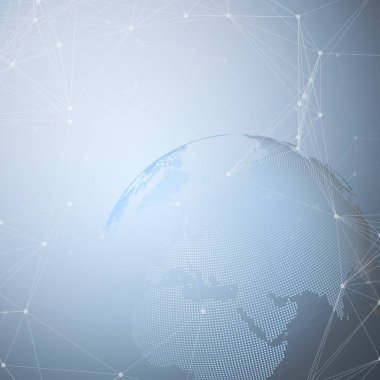 Noktalı dünya dünya kimya deseni, çizgiler ve noktalar bağlama ile. Mavi molekül yapısı. Bilimsel tıbbi Dna araştırma. Bilim veya teknoloji kavramı. Geometrik tasarım arka plan