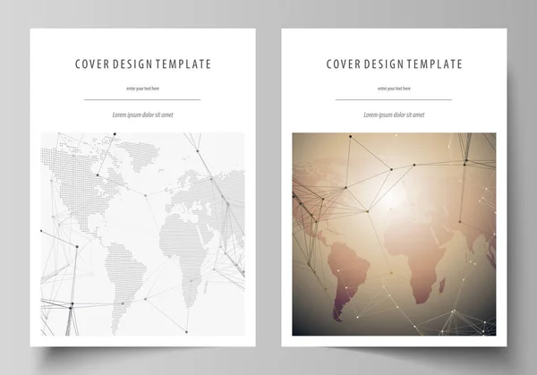 Die Vektorillustration des editierbaren Layouts des A4-Formats umfasst Designvorlagen für Broschüren, Magazine, Flyer, Broschüren, Berichte. globale Netzwerkverbindungen, technologischer Hintergrund mit Weltkarte. — Stockvektor