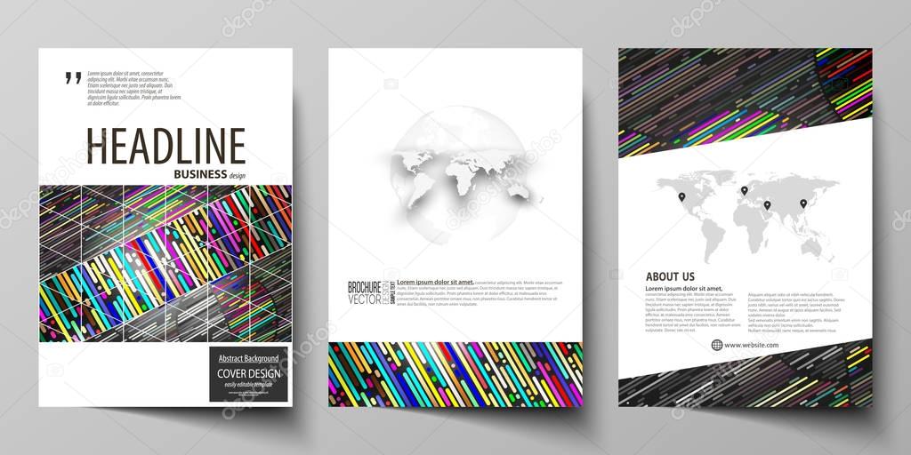 Business templates for brochure, magazine, flyer, booklet. Cover design template, vector layout in A4 size. Colorful background made of stripes. Abstract tubes and dots. Glowing multicolored texture.