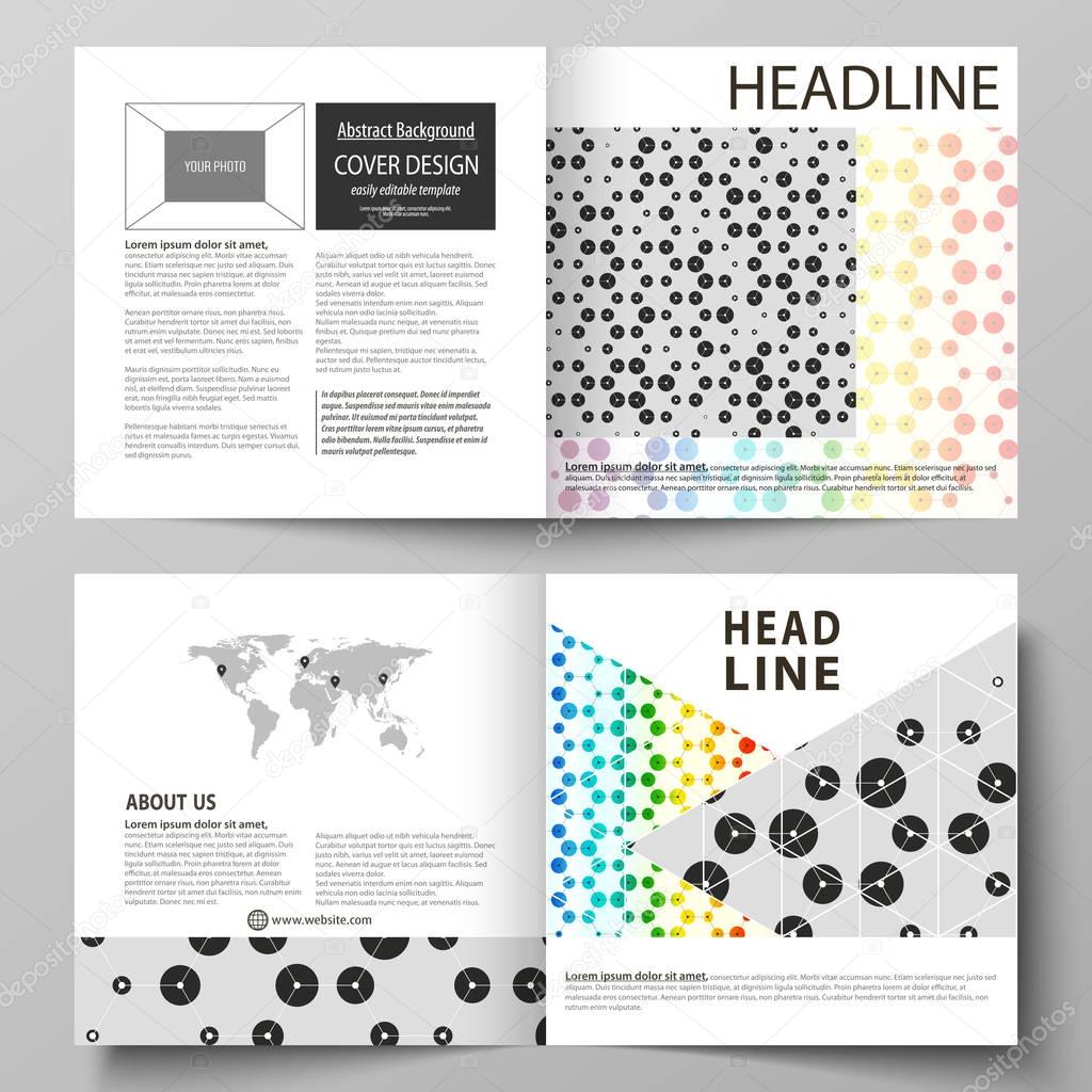 Business templates for square bi fold brochure, flyer. Leaflet cover, abstract vector layout. Chemistry pattern, hexagonal design molecule structure, medical DNA research. Colorful background