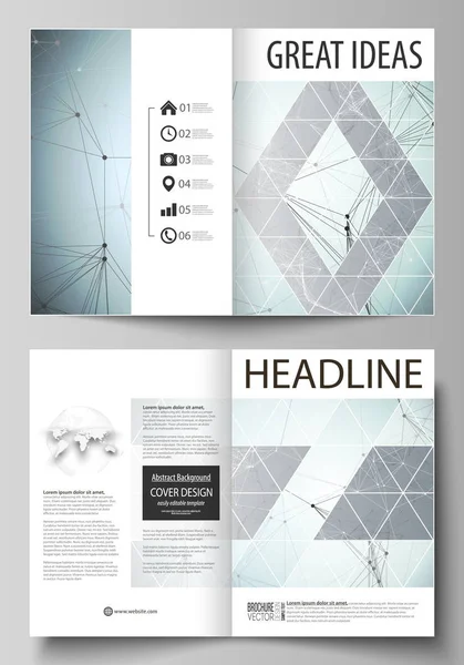 Modèles d'affaires pour brochure bi-pliante, dépliant, rapport. Modèle de conception de couverture, plan vectoriel en format A4. Schéma chimique, lignes et points de connexion, structure moléculaire, recherche médicale sur l'ADN . — Image vectorielle