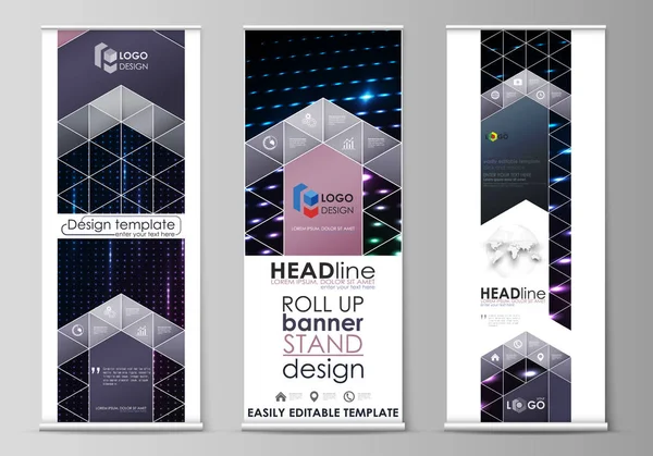 Roll up banner stands, flat style templates, modern concept, corporate vertical flyers, flag layouts. Abstract colorful neon dots, dotted technology background. Futuristic digital vector design. — Stock Vector