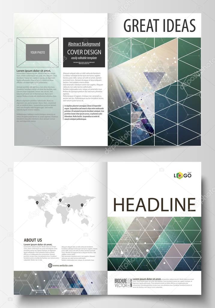 Business templates for bi fold brochure, magazine, flyer, booklet. Cover design template, vector layout, A4 size. Chemistry pattern, hexagonal molecule structure. Medicine, science, technology concept