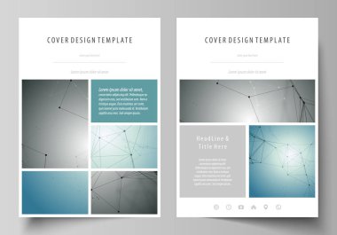 Rapor için broşür, dergi, el ilanı, broşür, iş şablonlar. Kapak tasarım şablonu, vektör düzen A4 boyutunda. Geometrik arka plan. Moleküler yapısı. Bilimsel, tıp, teknoloji kavramı.