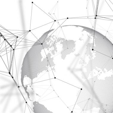 Beyaz arka plan üzerinde dünya dünya. Genel ağ bağlantıları, soyut geometrik tasarım, teknoloji dijital kavramı. Kimya desen, molekül yapısı, bağlanan çizgiler ve noktalar.