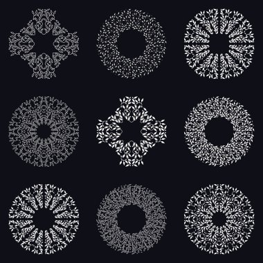 Beyaz renk çerçeve tasarımı, izole şablonlar, siyah arka plan. Daire Amblemler yaprakları ile yaptı. Spa konsept Monogram lineer tarzda. Vektör dekorasyon moda, kozmetik, güzellik endüstrisi için