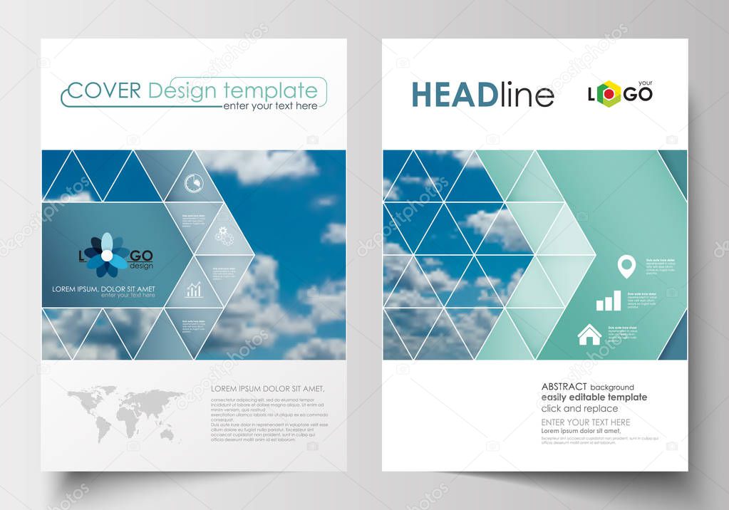 Business templates for brochure, magazine, flyer, booklet or annual report. Cover design template, easy editable blank, abstract blue flat layout in A4 size, vector illustration.