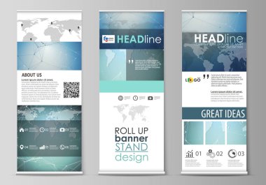 Afiş standları, dikey el ilanları, topla düzenlenebilir yerleşimini minimalist vektör çizim bayrakları iş şablonu tasarlayabilirsiniz. Kimya desen, çizgiler ve noktalar bağlama. Tıp kavramı.