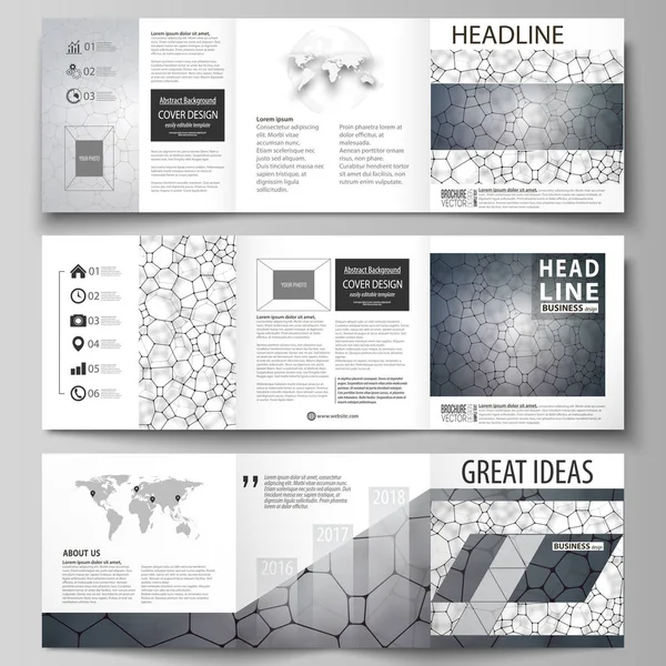 Modelos de negócio para folhetos de design quadrado de três dobras. Capa de folheto, layout vetorial. Padrão químico, textura molecular, estrutura molecular poligonal, célula. Medicina, ciência, conceito de microbiologia — Vetor de Stock