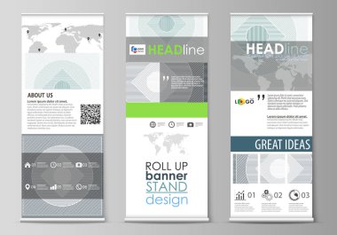 Rulo afiş standları, düz tasarım şablonları, soyut geometrik tarzı, kurumsal dikey vektör el ilanları, bayrak düzenleri kadar. Minimalist çizgilerle arka plan. Gri renkli geometrik şekiller, basit desen.