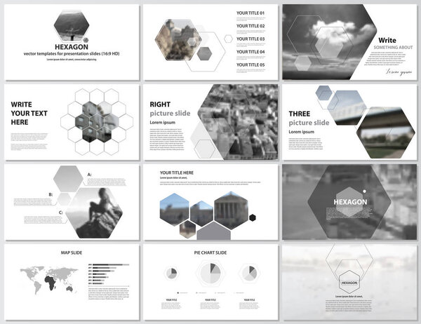 The minimalistic abstract vector illustration of editable layout of high definition presentation slides design business templates. Hexagonal style decoration for flyer, report, advertising, brochure.