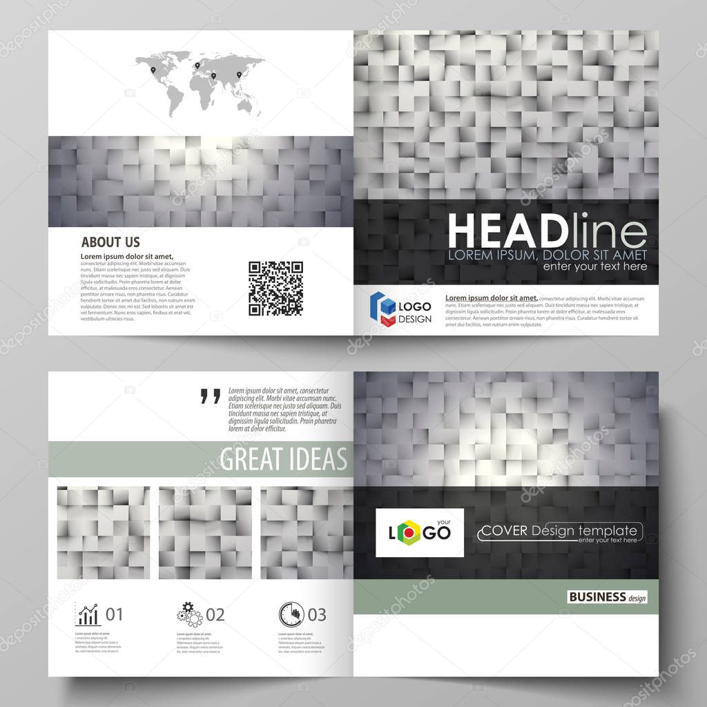 Business templates for square design bi fold brochure, magazine, flyer, booklet, report. Leaflet cover, abstract vector layout. Pattern made from squares, gray background in geometrical style.