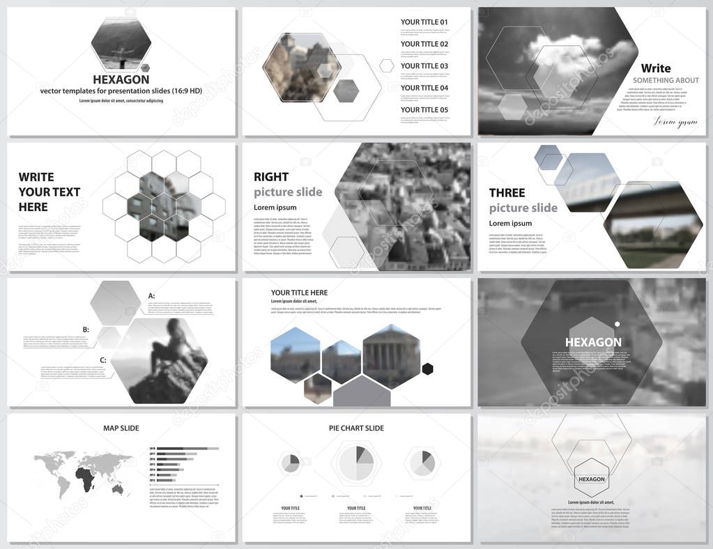 The minimalistic abstract vector illustration of editable layout of high definition presentation slides design business templates. Hexagonal style decoration for flyer, report, advertising, brochure.