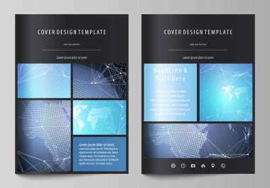A4 formatında düzenlenebilir yerleşimini siyah renkli vektör çizim tasarım şablonları için broşür, dergi, broşür, kitapçık kapsar. Soyut küresel tasarım. Kimya desen, molekül yapısı.