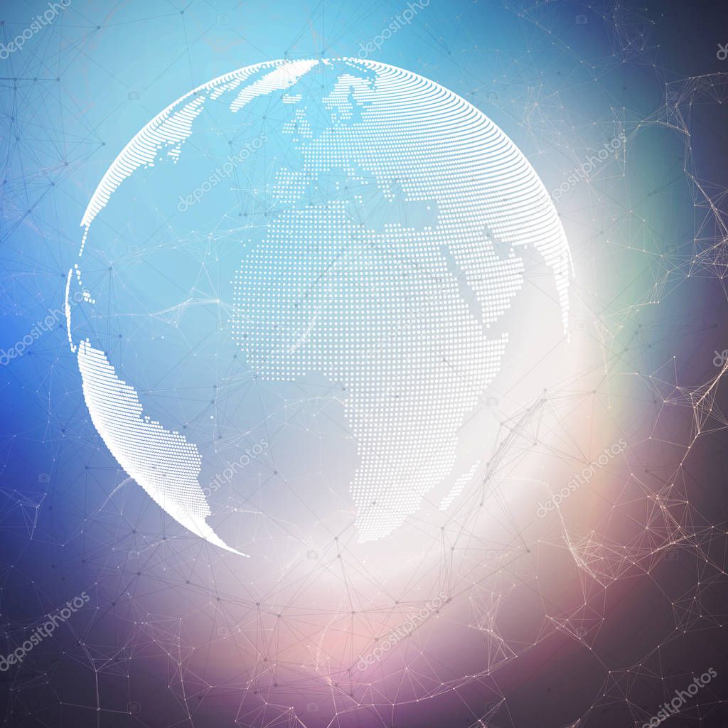 World globe on dark background with connecting lines and dots, polygonal linear texture. Global network connections, abstract futuristic geometric design, dig data technology digital concept.