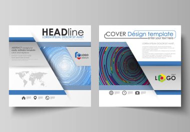 Rapor için kare tasarım broşür, dergi, el ilanı, broşür, iş şablonlar. Kapak broşür, vektör düzenini soyut. Mavi renkli arka planı renkli çevrelerin minimalist tarzda.