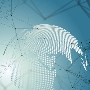 Soyut fütüristik ağ şekiller. Yüksek teknoloji arka plan, bağlayan çizgiler ve noktalar, poligonal doğrusal doku. Dünya küre mavi. Veri kavramı küresel ağ bağlantıları, geometrik tasarım, kazmak.