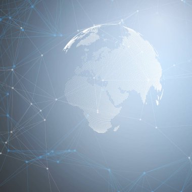 Dünya küre mavi gölgeli. Soyut küresel ağ bağlantıları, geometrik tasarım teknoloji kavramı arka plan. Kimya desen, molekül yapısı, bağlanan çizgiler ve noktalar.