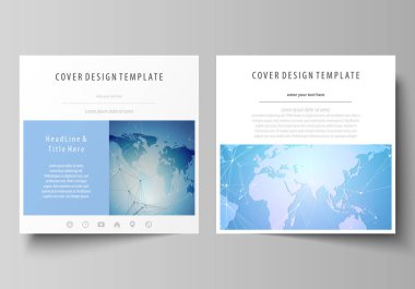 İki kare biçimi düzenlenebilir yerleşimini minimalist vektör çizim tasarım şablonları için broşür, el ilanı, broşür kapsar. Dünya harita üzerinde mavi, geometrik teknoloji tasarım, poligonal doku