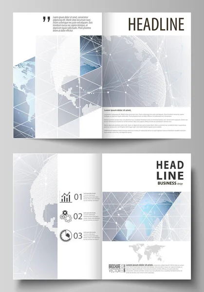 La ilustración vectorial de la disposición editable de dos maquetas de diseño de portada moderna en formato A4 plantillas para folleto, folleto, folleto. Concepto tecnológico. Estructura molecular, conexión de fondo . — Archivo Imágenes Vectoriales